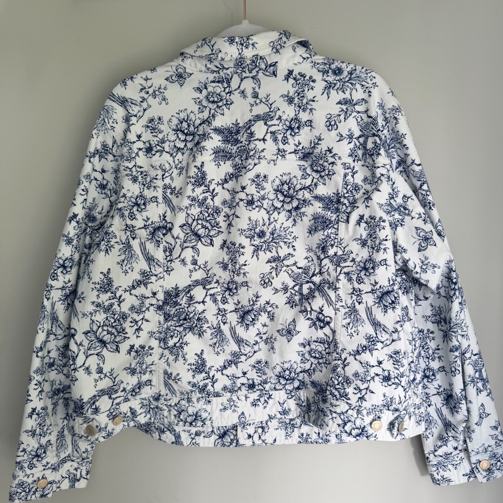Talbots Plus Denin Jean Jacket White Blue Toile Floral Bird Print Size 2X
